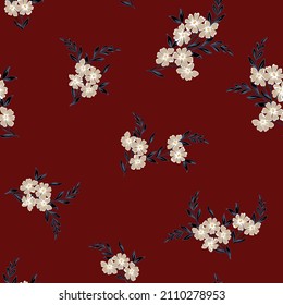 cream seamless floral vector flowers with blue leaves bunches pattern on red background