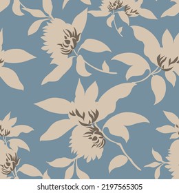 cream seamless floral vector flowers leaf pattern on blue background