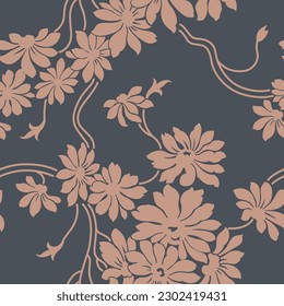 cream seamless floral vector flowers pattern on grey background