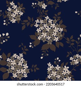 cream seamless floral vector small flowers with leaves pattern on navy background