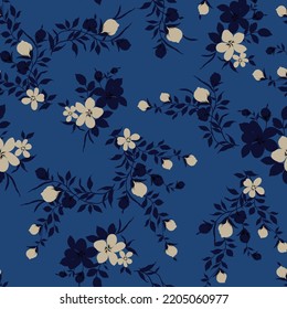 cream seamless floral vector small flowers with navy leaves pattern on blue background