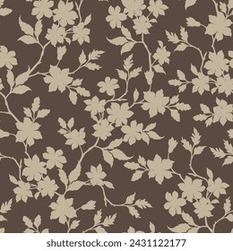 Creme nahtlose florale Vektor kleine Blumen Blätter Muster auf braunem Hintergrund