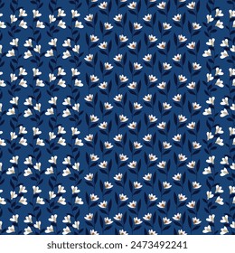 cream seamless floral vector small flowers with navy leaves border pattern on blue background