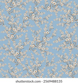 cream seamless floral vector small flowers leaves pattern on blue background