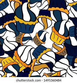 Cream. Seamless pattern with sweet desserts. Wrapping paper. Endless pattern, black, blue and white background. Vector illustration. Black, blue and white color.
