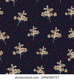 cream seamless vector flowers bunches with red texture navy background