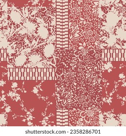 cream seamless vector flowers leaves bandanna pattern on red background