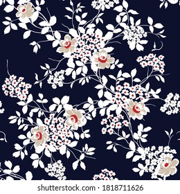cream seamless vector small flowers with leaves pattern on navy background