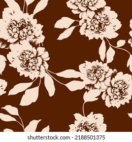 cream seamless vector stock flowers leaves pattern on brown background