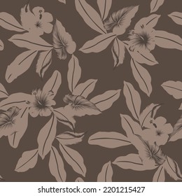 cream seamless vector stock flowers with leaf pattern on brown background