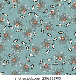 cream seamless vector stock flowers leaves pattern on green background