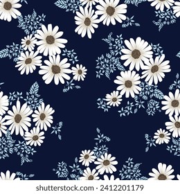 cream seamless vector stock flowers with blue leaves pattern on navy background