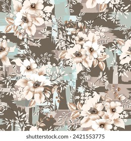 cream seamless vector stock flowers leaves bunches pattern on texture background