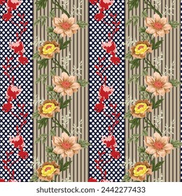 Creme nahtlose Vektor Stock Blumen mit grünen Blättern Rand Muster auf Retro-Streifen Hintergrund