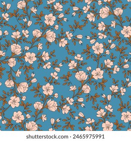 cream seamless vector stock flowers with mustered leaves pattern on blue background