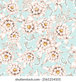 cream seamless vector stock flowers with leaves pattern on blue background