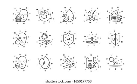 Cream, Serum drop and Face gel or lotion. Skin care line icons. Uv protection linear icon set. Geometric elements. Quality signs set. Vector