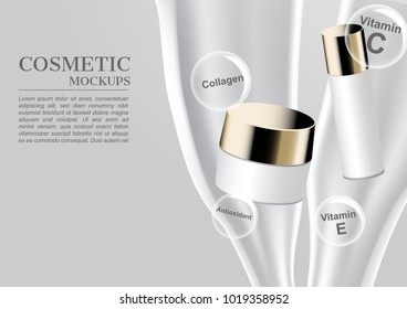 Cream and serum with ingredients bubbles and puoring milk on white background