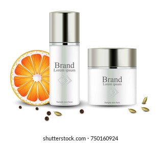 Cream set Cosmetics realistic mock up Vector. Hydration cream with orange extract. Perfect for advertising, flyer, banner, poster. 3d illustration