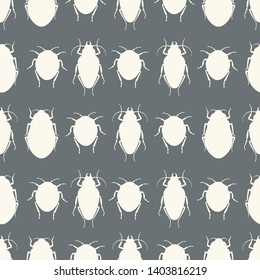 Cream silhouettes beetles on a dark grey background. A seamless vector repeat of bugs in rows, ideal for insect design projects.