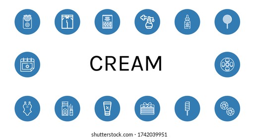 cream simple icons set. Contains such icons as French fries, Swimsuit, Candy, Perfume, Serum, Lollipop, Aromatherapy, Sunscreen, Cake, Cookie, can be used for web, mobile and logo