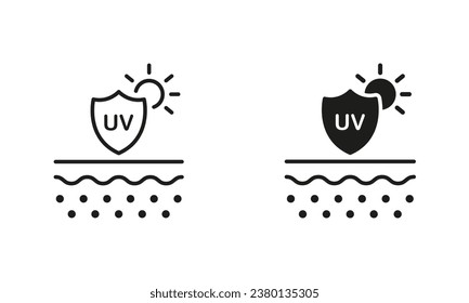 Cream for Skin from Ultraviolet Radiation Line and Silhouette Black Icon Set. Sun, Shield, Protection Skin of UV Rays Pictogram. SPF Skincare Symbol Collection. Isolated Vector Illustration.