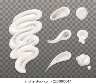 Desprestigio de crema, protector solar cosmético, loción, pinceladas de productos de belleza blanca aisladas sobre un fondo transparente. Fundación, textura lisa de manchas de leche corporal, ilustración vectorial 3d realista