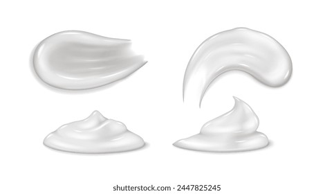 Juego de crema de frotis. Crema hidratante natural gel para el cuidado de la piel. Textura 3D realista cosmética spot de leche o textura de protector solar. Ilustración vectorial suave gota hidratante para el cuerpo, hidratación facial