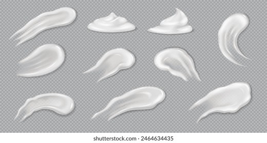Juego de crema de frotis. Crema hidratante natural gel para el cuidado de la piel. Textura 3D realista cosmética spot de leche o textura de protector solar. Ilustración vectorial suave gota hidratante para el cuerpo, hidratación facial