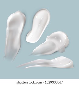 Cream smears. Realistic cosmetic white creamy drop skincare product lotion thick smooth smear isolated vector texture set