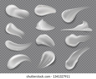 Cream smears. Realistic white cosmetic gel, creamy toothpaste blobs on transparent background. Vector skincare lotion set - Shutterstock ID 1341327911