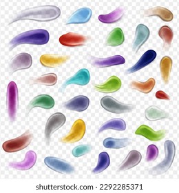 Cream smears. Scrub and gel smears swatch set. Cosmetics product. Realistic 3d skin care products swatches vector set