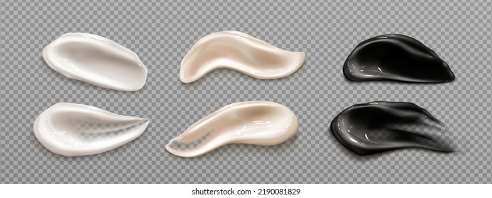 Cream smears, white, black and beige gel strokes, cosmetics swatch. Beauty skin care product, foundation, milk, lotion, smooth drop texture isolated on transparent background, Realistic 3d vector set