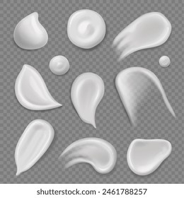 Cream smears. White realistic cosmetic lotion isolated swatches. Body gel, skin care elements. Vector illustration