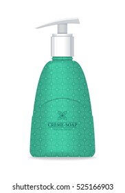 Cream soap natural series. Liquid soap. Green plastic tube with pump for cosmetics on white background. Product for body care, beauty, health, freshness, youth, hygiene. Realistic vector illustration