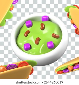 Cream soup of Mexican cuisine, quesadilla in different positions. Hot food with avocado, tortilla