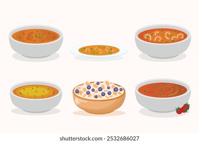 sopa de creme conjunto com verdes, cenoura e sopa de abóbora sopa de creme, sopa de legumes, tigela de sopa, ilustração de vetor.	