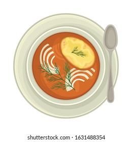 Cream Soup with Sliced Onion and Bread Top View Vector Illustration