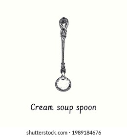 Cream soup spoon with retro style decor. Ink black and white drawing woodcut vintage style illustration