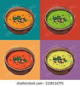 Cream soup vector background. Hand drawn bowl of soup with spices. Pumpkin, tomato, broccoli soup. Vegetable pop art style pattern. Detailed vegetarian food sketch. 