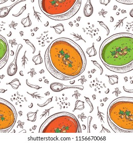 Cream soup vector seamless pattern  Isolated hand drawn bowl soup  spoon   spices  Pumpkin  tomato  broccoli soup  Vegetable doodle style background  Detailed vegetarian food sketch  