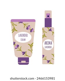 Cream and spray with lavender. Vector illustration on a white background