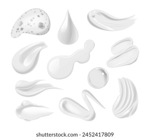 Cream Strokes 3d Vector White Cosmetic Product Smears Set. Isolated Brush Strokes with Smooth Realistic Texture