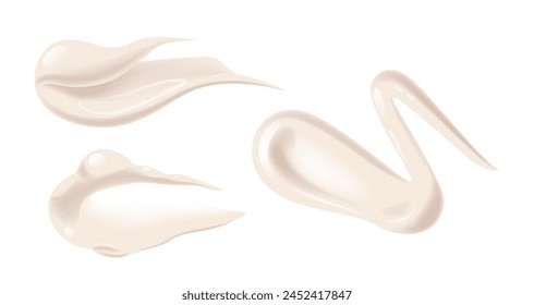 Cream Strokes, Realistic 3d Vector Samples Of White Creamy Textures For Cosmetic Use. Isolated Brushes, Smooth Strokes