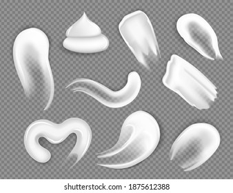 Cream strokes. Set of different realistic cosmetic creams on a transparent background, elements for product design. Mockup objects.