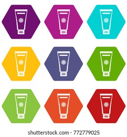 Cream sun protection icon set many color hexahedron isolated on white vector illustration