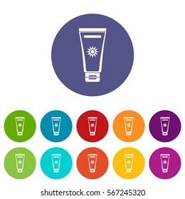Cream sun protection set icons in different colors isolated on white background