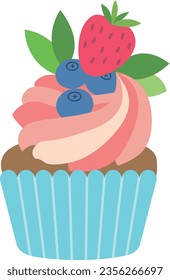 Cream swirl cupcake with fresh berries. Sweet pastry