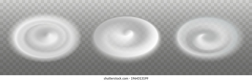 Cream Swirl Splash. Milk Foam, Mousse, Whipped Cream. Soft  Milky Realistic  Texture. Set Of Isolated Icons On Transparent Background. Vector Illustration