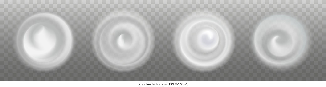 Cream swirl splash. Soft foam, mousse or lotion for skin care. Whipped milky white realistic texture. Set of isolated icons on transparent background. Vector illustration.